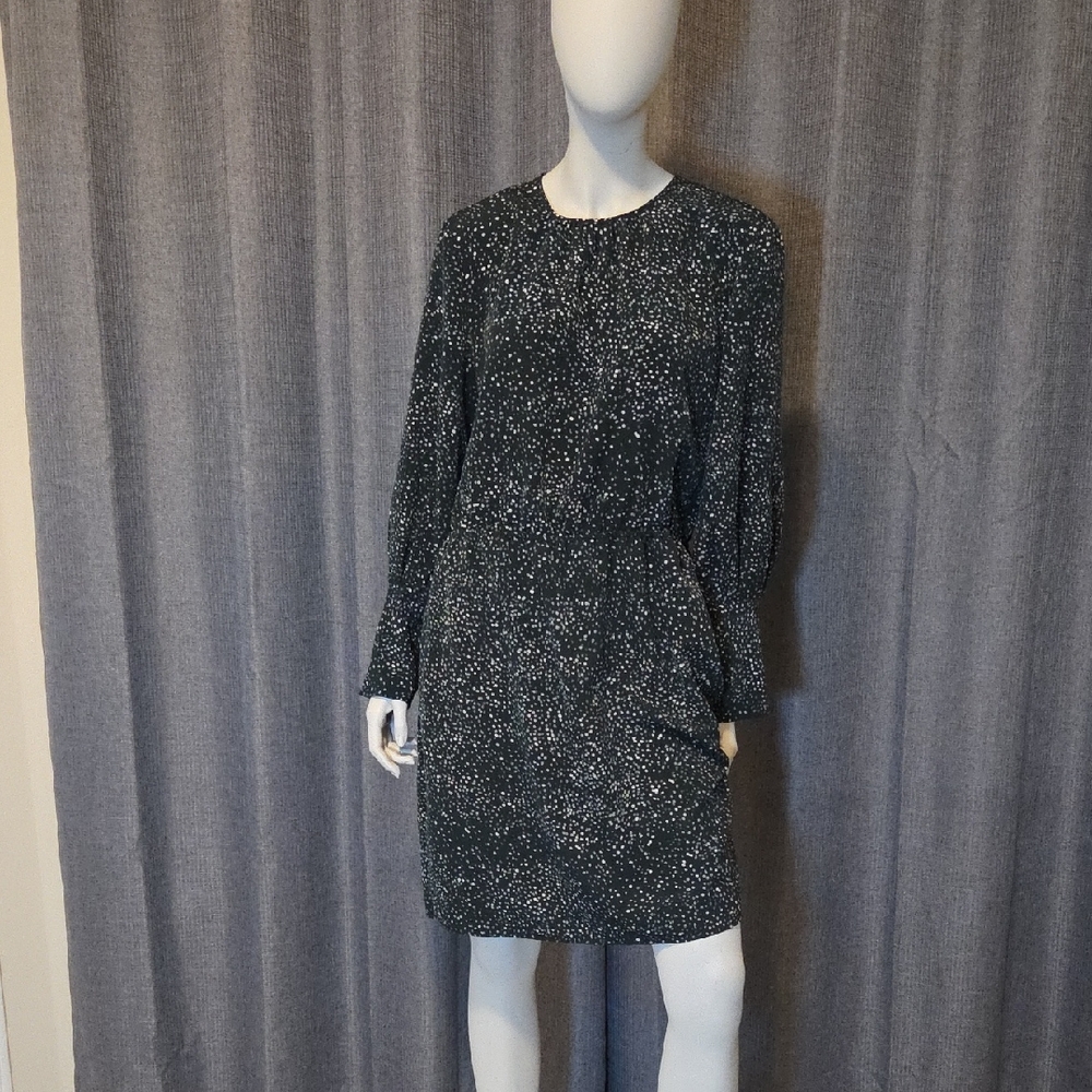 Halston Heritage Dark Green and White Dotted Long Sleeve Long Cuff Mini Dress